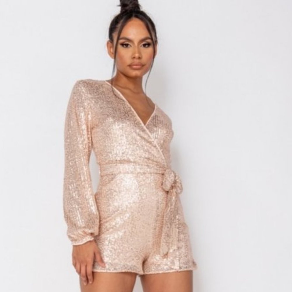 Sequins Long Sleeve V-Neck Romper Playsuit - Picture 2 of 7